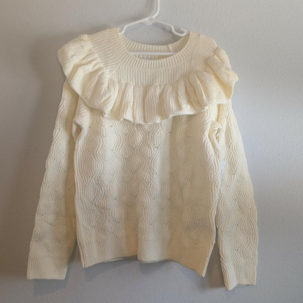 *3/$25* Girl's Cream Ruffle Front Textured Sweater - Size Medium (8)